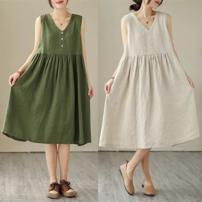 Japanese cotton linen sleeveless summer dress in green and beige with V-neck design