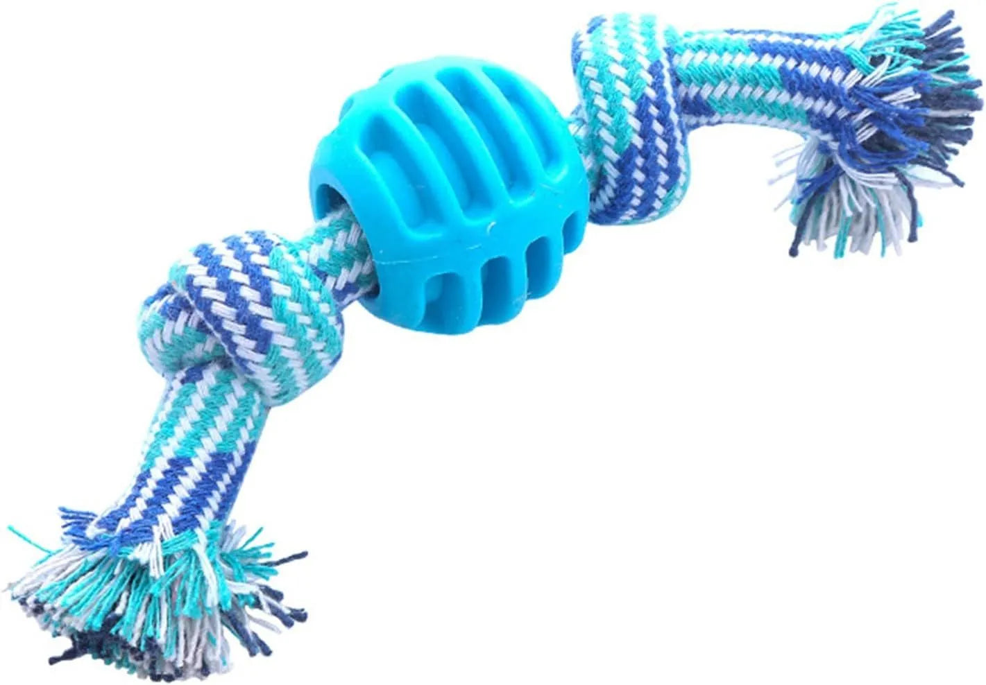 Navy blue dog chew toy with molar-shaped rubber sections and white cotton rope, 25cm long