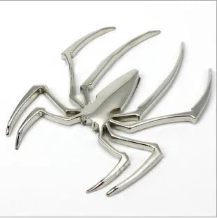 Three-dimensional metal spider bumper sticker in zinc alloy measuring 7cm by 5cm