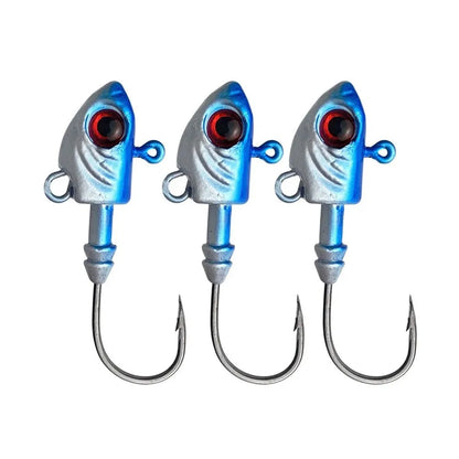 Pack of three Yayu shaped lead head fishing lures in Blue, Sliver or Yellow colour.