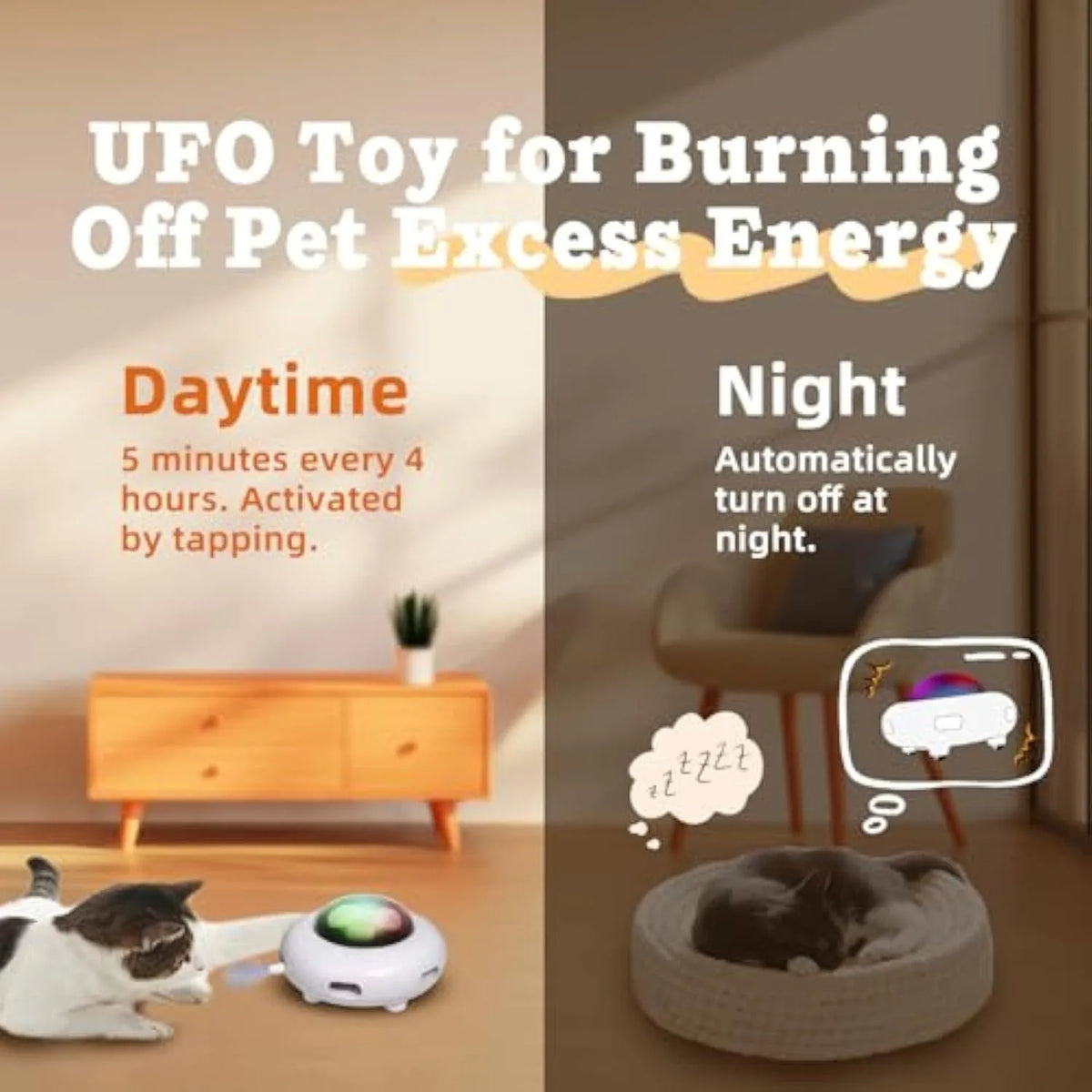 White automatic cat toy with colourful feathers and cleaning ring attachment on floor