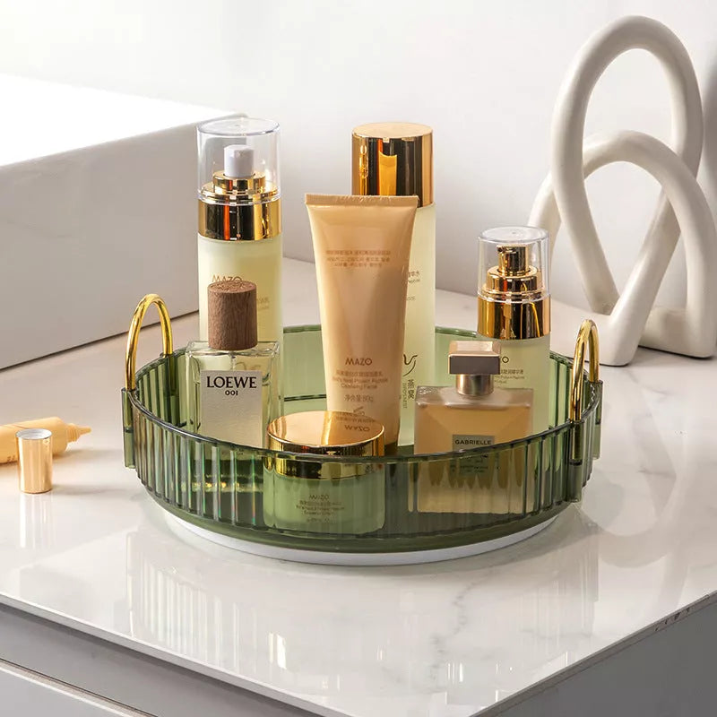 3-layer rotating cosmetic shelf in green, yellow, or white for bathroom organization