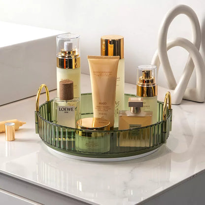 3-layer rotating cosmetic shelf in green, yellow, or white for bathroom organization