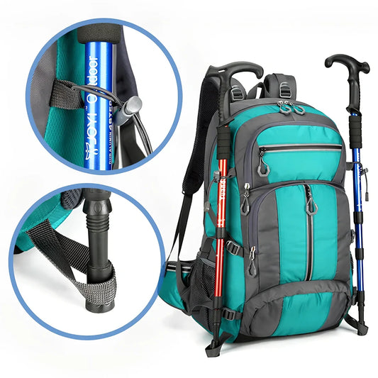 Black 50-litre fishing backpack with multiple compartments and adjustable shoulder straps