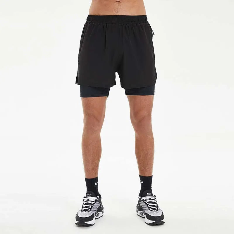 Men's black double-layer sports shorts with spandex liner for running and fitness activities