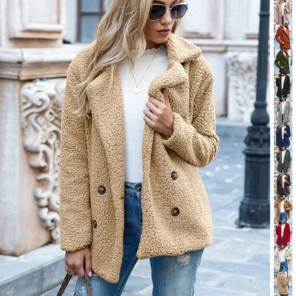 Cozy and stylish fluffy winter coat for women, made of premium polyester fiber for warmth and comfort.