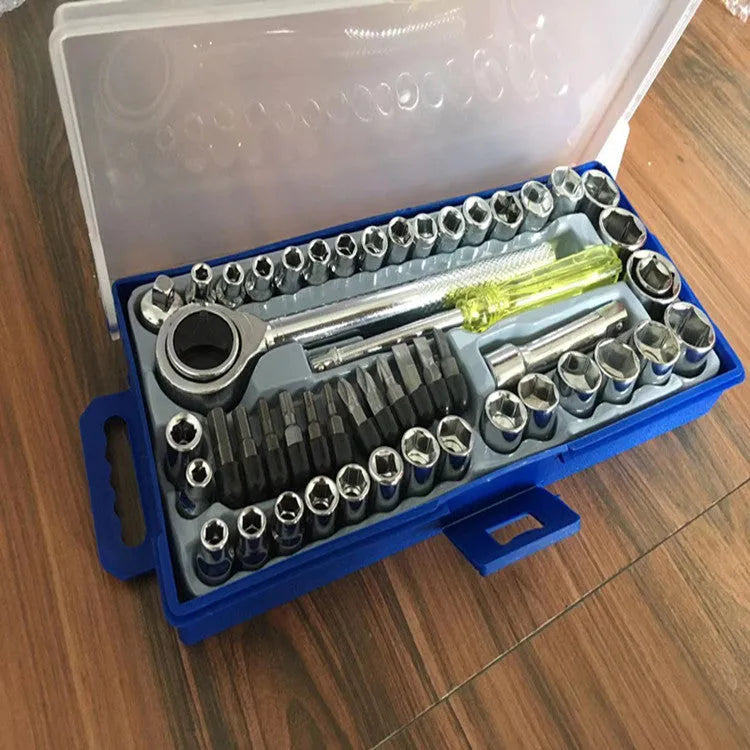 50-piece hexagonal spanner and socket set with 3/8-inch handle, metric and British sleeves, carbon steel