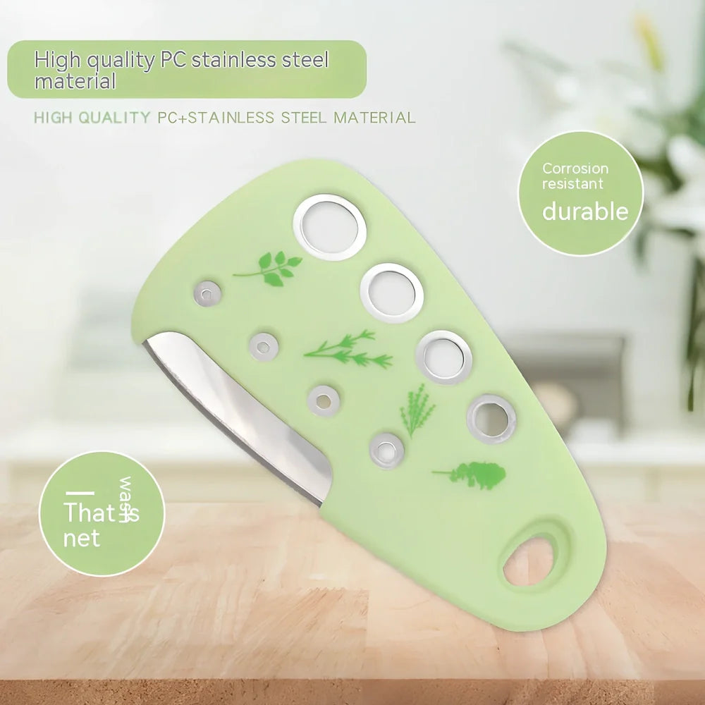 Six-piece kitchen gadget set with stainless steel slicing knives and garlic masher tools