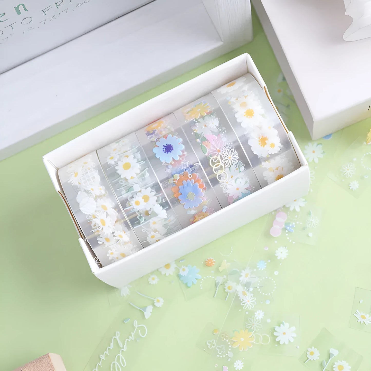 Five rolls of transparent Midsummer Daisy decorative adhesive tape for diary decoration