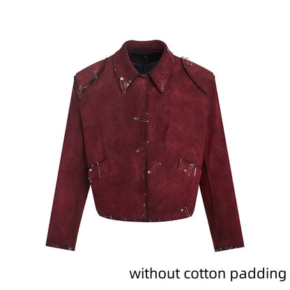 Men's red quilted jacket with decorative pins and flocking details, loose fit with lapel collar