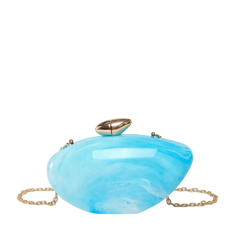 Oval shell goose egg acrylic evening bag with chain shoulder strap, hard outer and mobile phone bag section