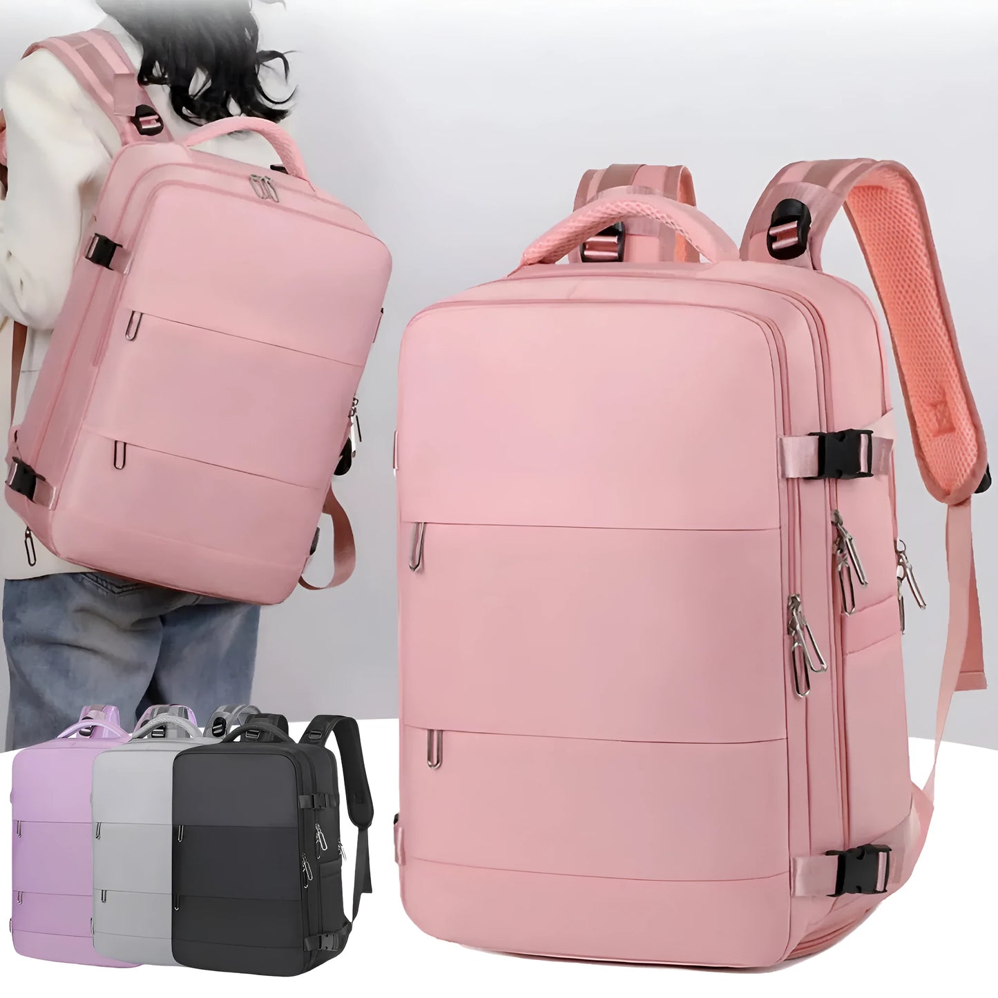 Large purple Oxford cloth travel backpack with multiple compartments and an air pillow belt.