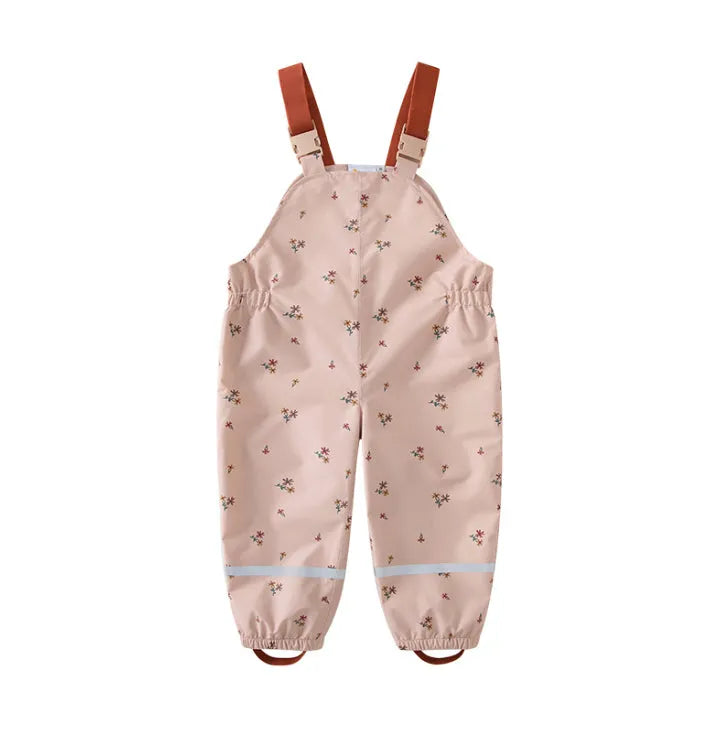 Children's pink floral hooded raincoat and matching rain pants set with reflective night vision detailing