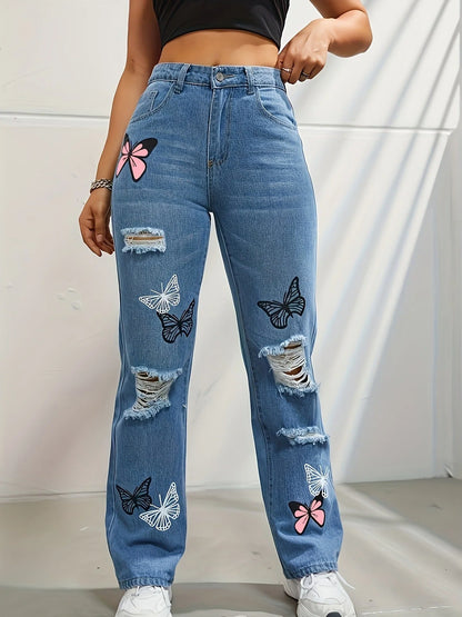 Women's high waisted straight leg jeans with butterfly print and distressed details