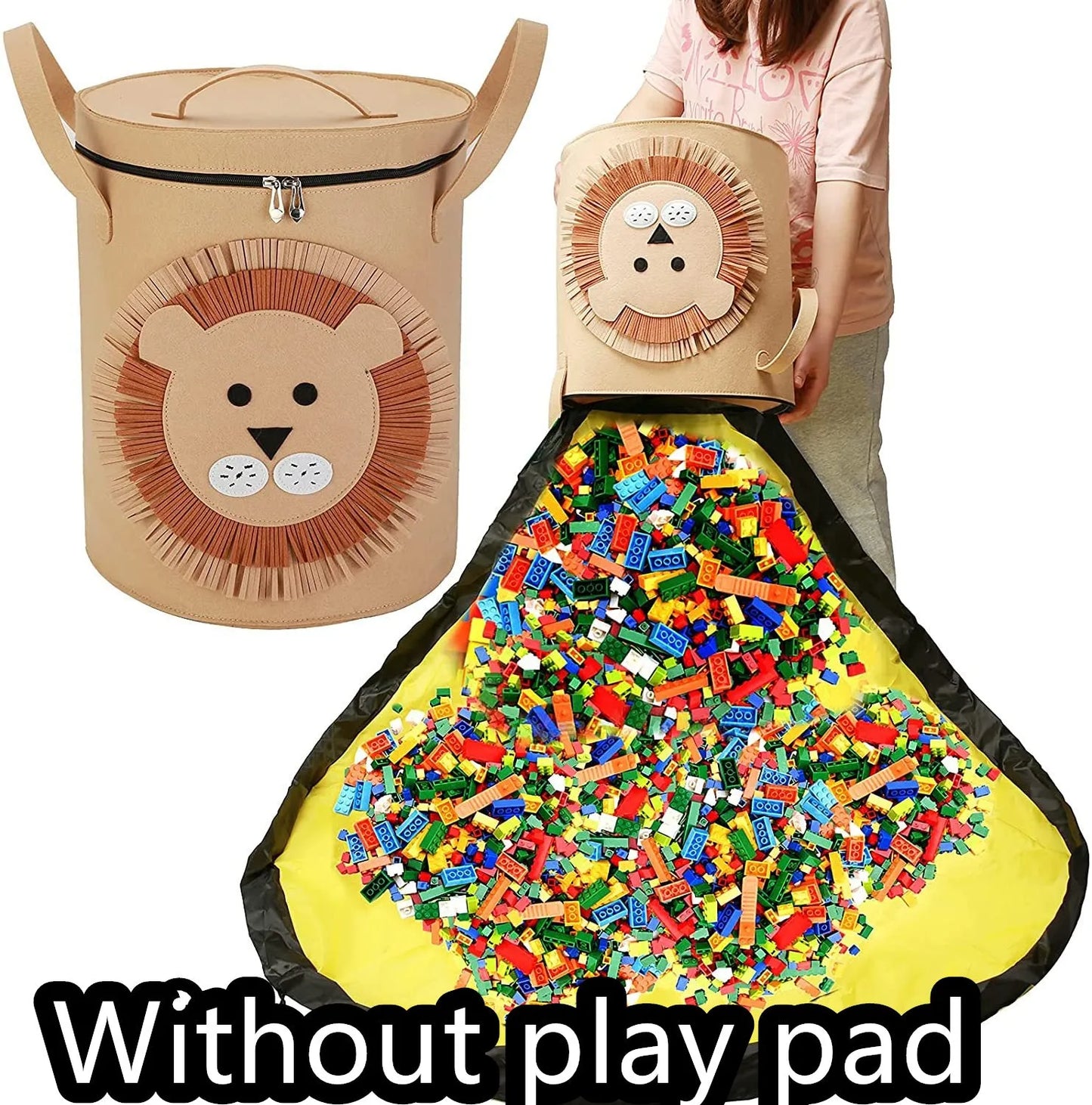 Green felt storage cube with pull rope unfolded into a large square play mat on a wooden floor.