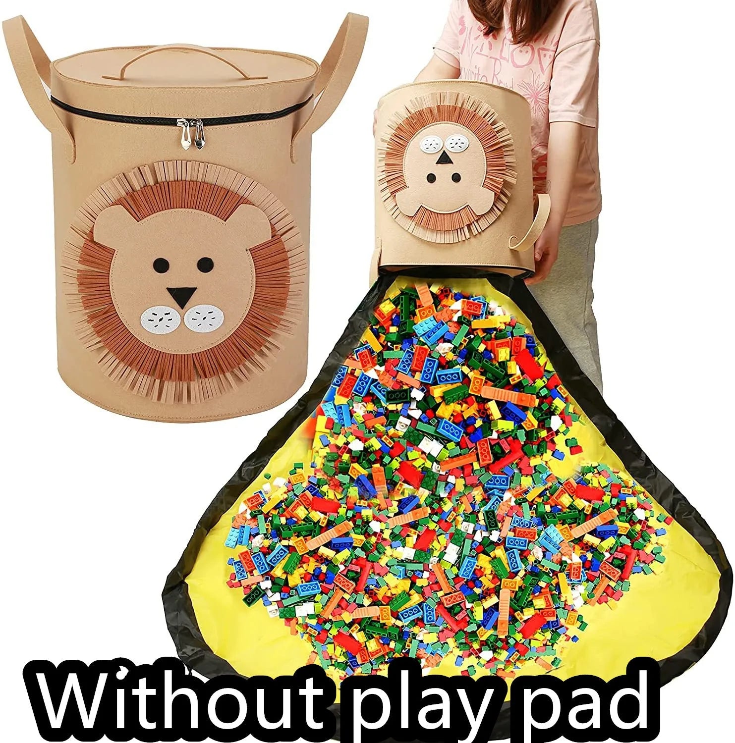 Green felt storage cube with pull rope unfolded into a large square play mat on a wooden floor.