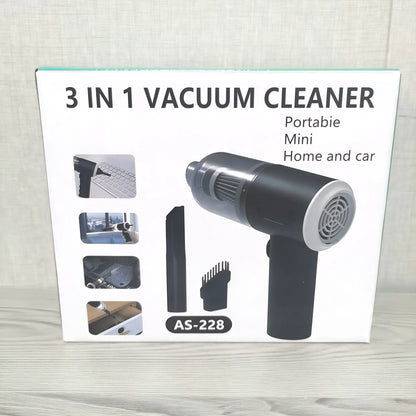 Black AS-228 handheld car cleaner with ABS body, transparent PS cover, 1200 mA battery, and USB charging.
