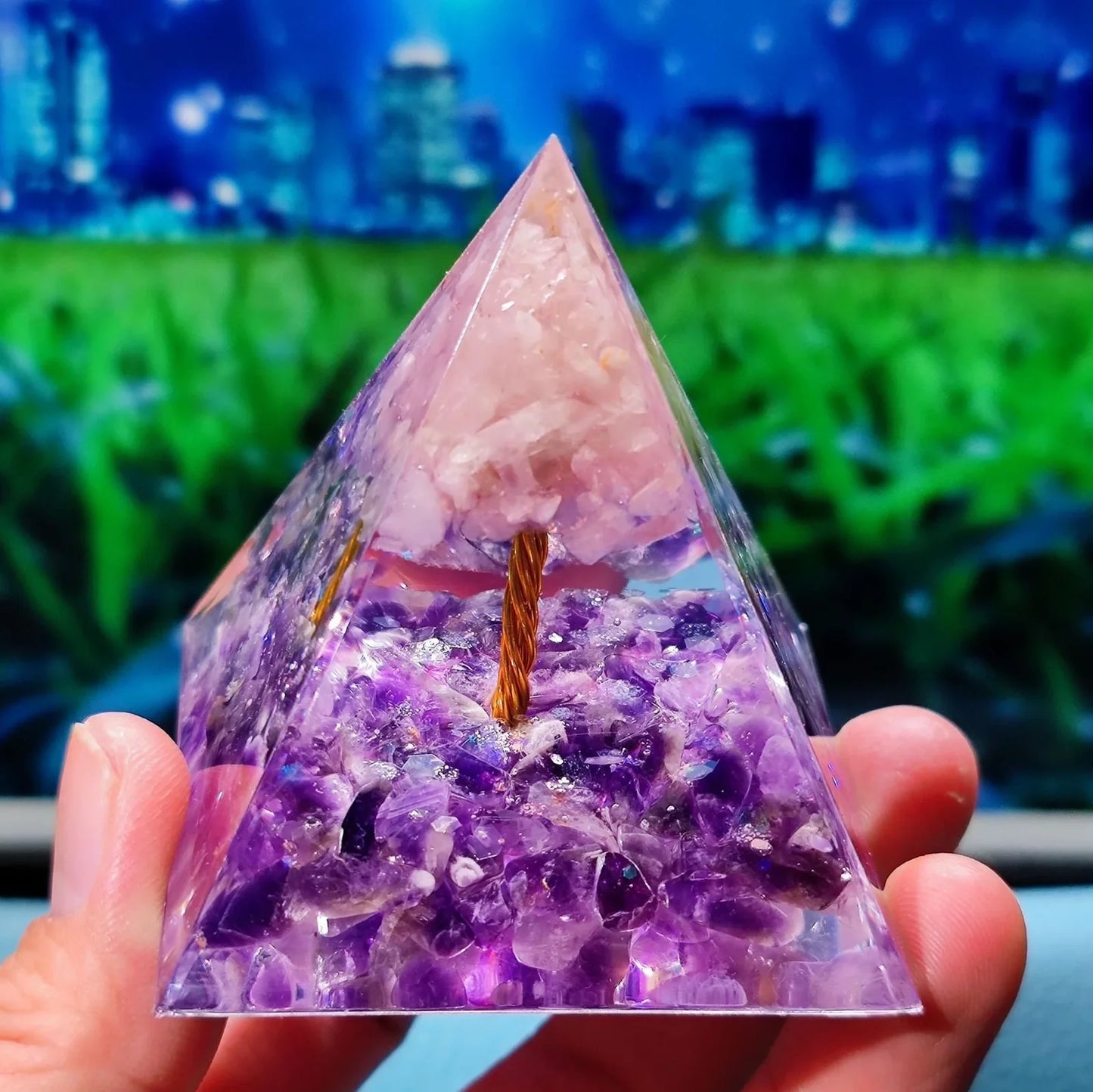 Crystal ball gravel pyramid resin artwork with 6cm diameter and 50mm base