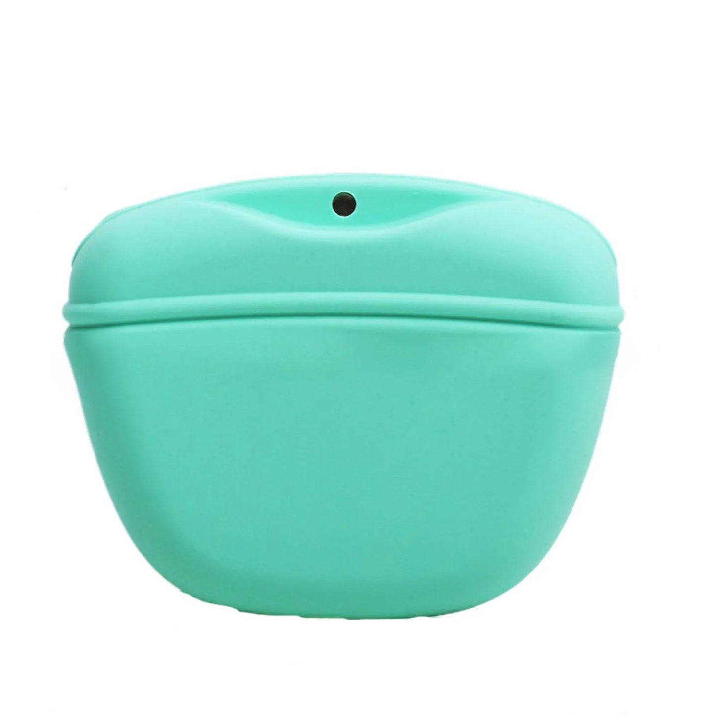Black silicone dog training treat pouch with clip and magnetic closure shown attached to a belt.