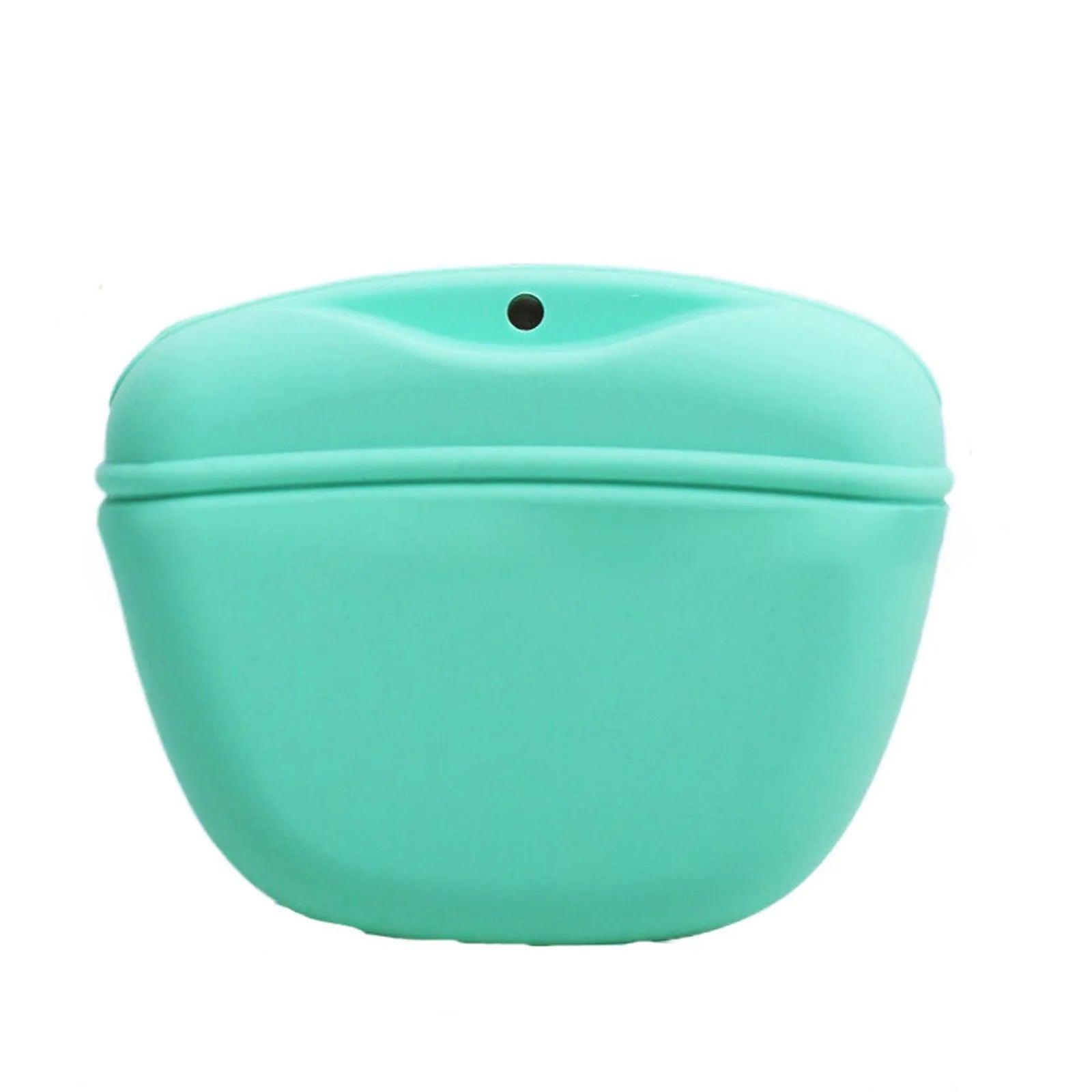 Black silicone dog training treat pouch with clip and magnetic closure shown attached to a belt.