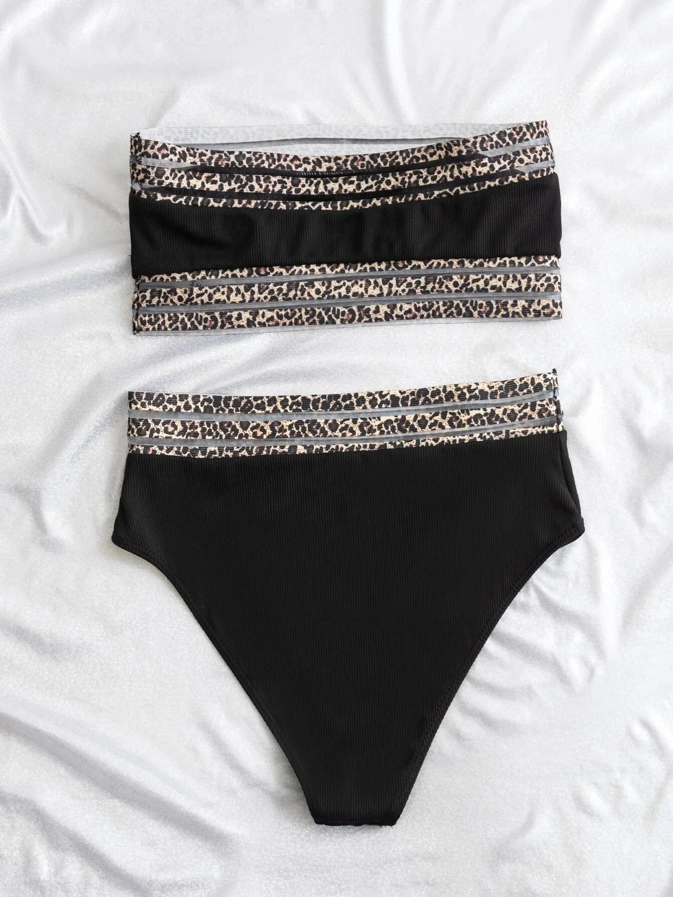 Black leopard print strapless swimsuit set with matching top and shorts