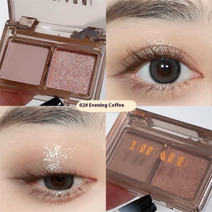 DIKALU two-colour eye shadow compact open, showing a matte and a shimmer shade split down the middle.