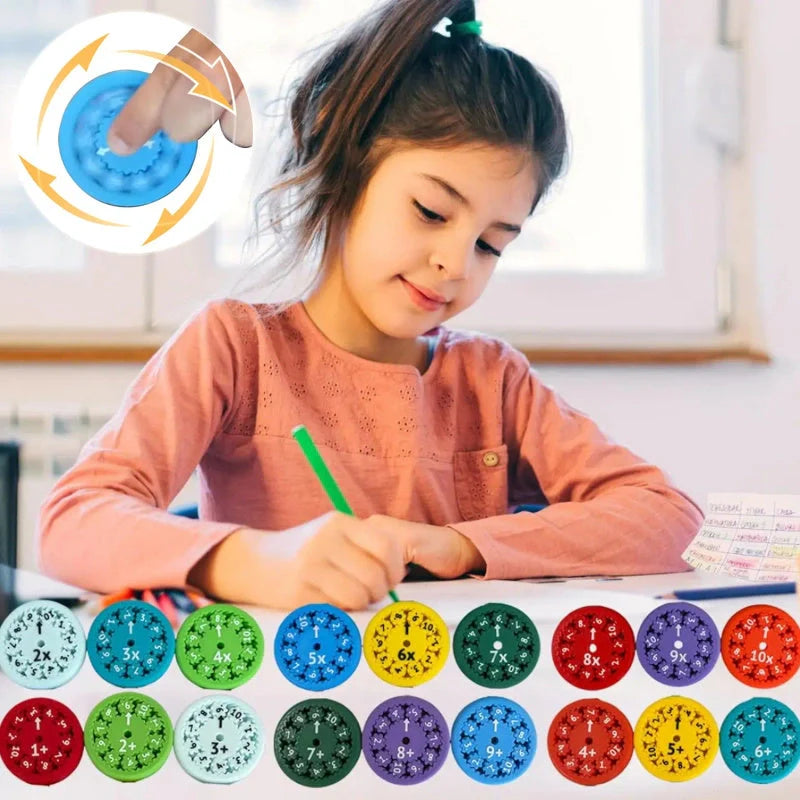 Colorful math fact fidget spinners with addition, subtraction, multiplication, and division equations for interactive learning and math practice