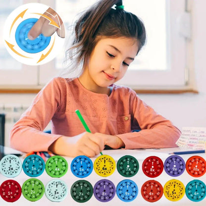 Colorful math fact fidget spinners with addition, subtraction, multiplication, and division equations for interactive learning and math practice
