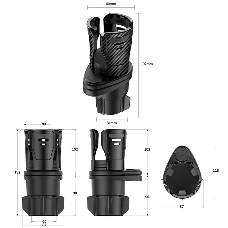 Car cup holder modification with ABS material construction and carbon fibre matte finish, designed as a second generation upgrade for secure drink placement in vehicle centre consoles and dashboard slots
