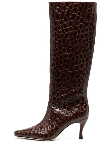 A pair of women's square toe cowboy boots in microfiber, shown in a selection of available colours.