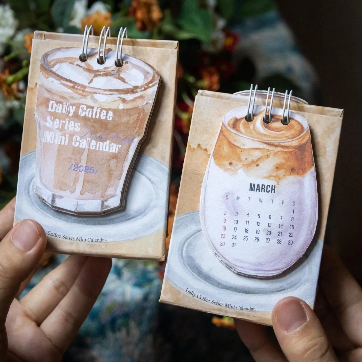 2025 mini desk calendar showing one of four designs: Coffee Time, Awake Time, Corner Perching, or Afternoon Lazy.