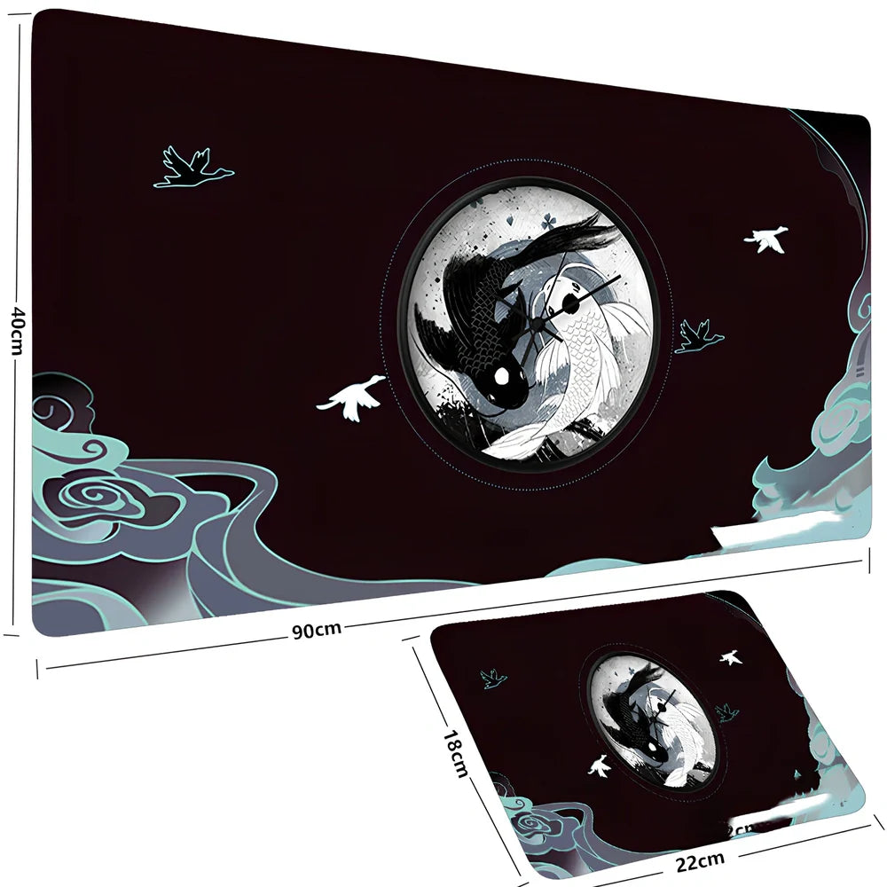 Large anime fish design mouse pad, rubber base, cloth surface, sizes 600x300x2mm to 1000x500x3mm, non-slip for desks