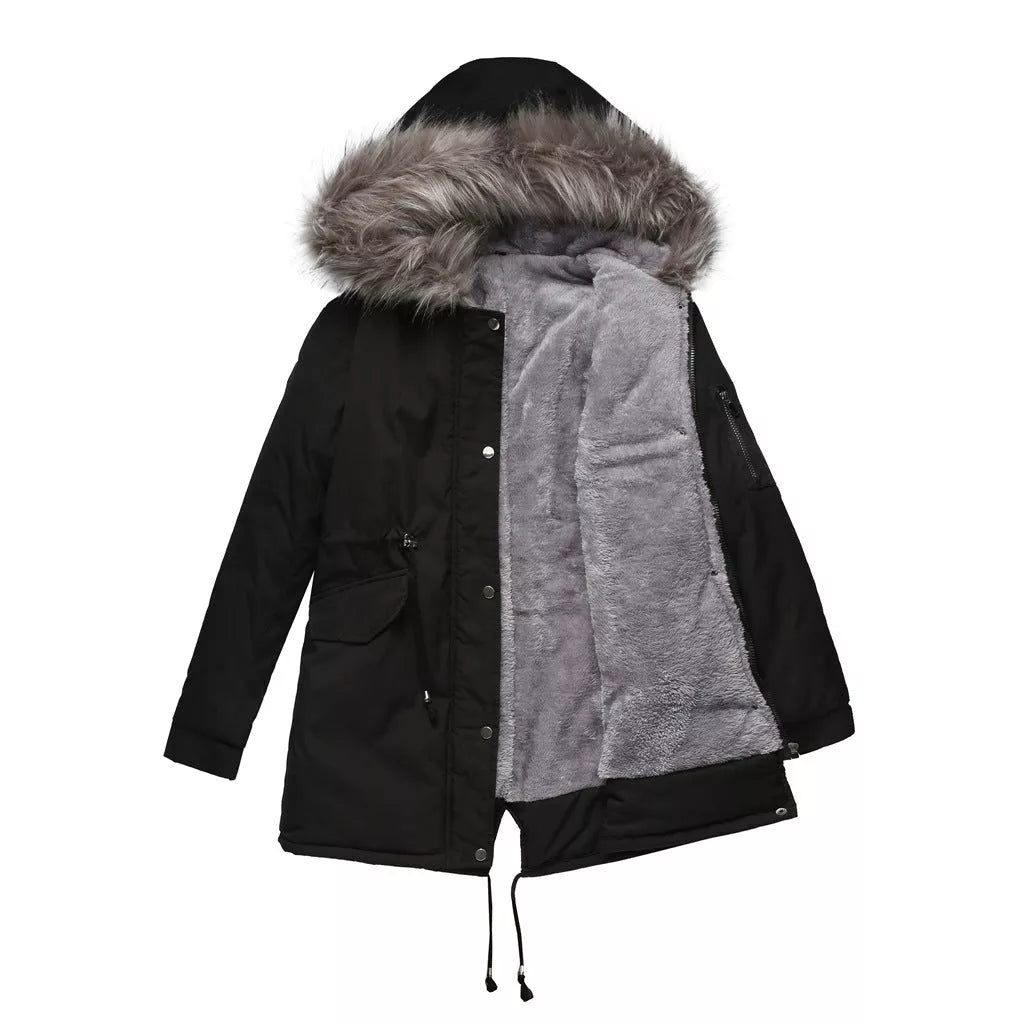 Mid-length hooded parka in various colors, ideal for cold weather protection