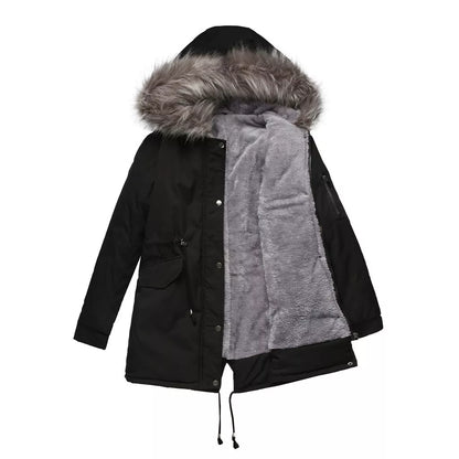 Mid-length hooded parka in various colors, ideal for cold weather protection