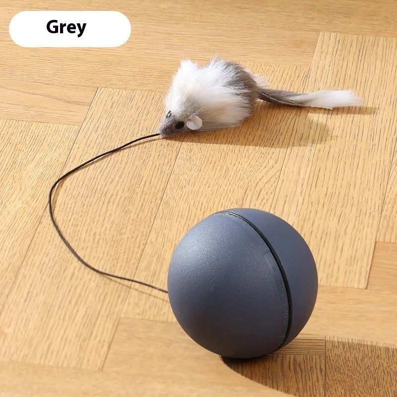 Automatic intelligent rolling ball pet toy with plush mouse attachment for cats and dogs