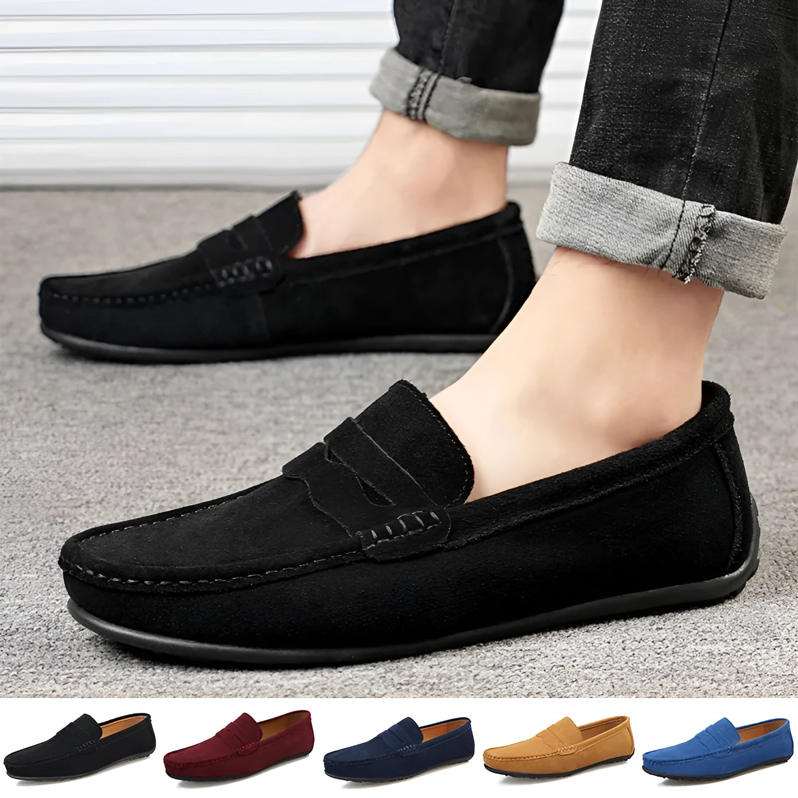 Men's suede loafers in black, blue, dark blue, wine red, and yellow colours with round toe and slip-on design.