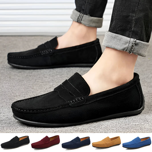 Men's suede loafers in black, blue, dark blue, wine red, and yellow colours with round toe and slip-on design.