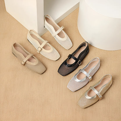 Women's beige mesh summer pump with square toe, flat heel, and buckle closure on a white background.