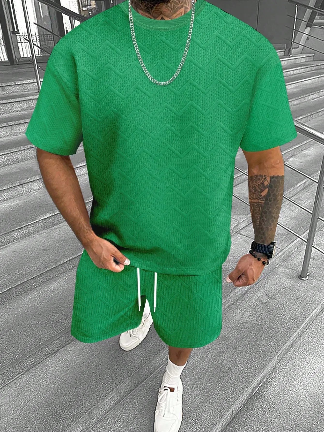 Men's short sleeve shorts suit with 3D digital printed pattern in polyester blend fabric