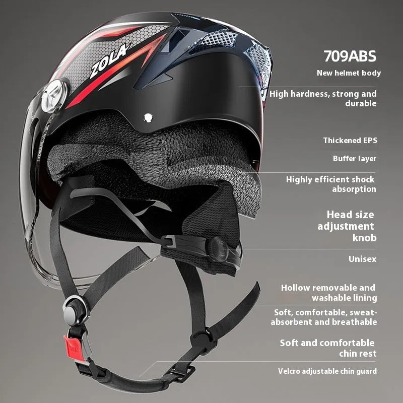 Men's and women's battery motorcycle half helmet with double mirror visor in light brown colour, 3C-certified ABS construction