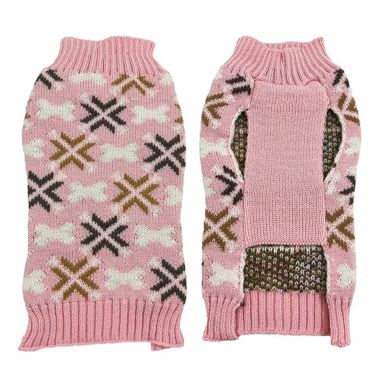 Grey Japanese-style retro jacquard pet sweater, hat and scarf set on a small dog model.