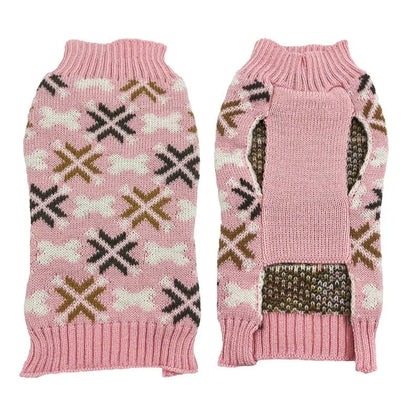 Grey Japanese-style retro jacquard pet sweater, hat and scarf set on a small dog model.