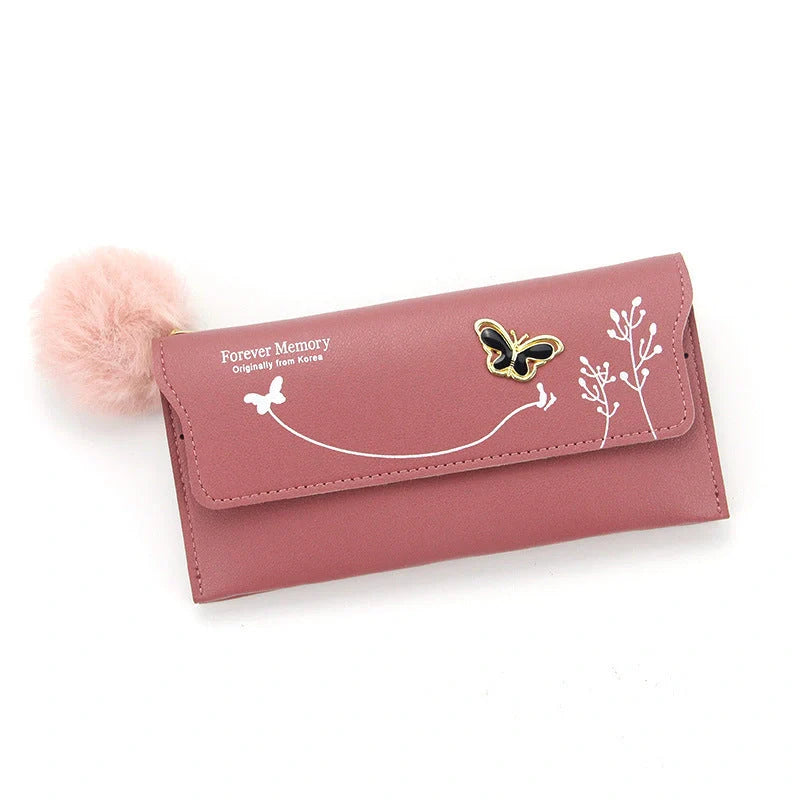 Ladies Long Hair Ball Bow PU Leather Purse in various colors with magnetic buckle