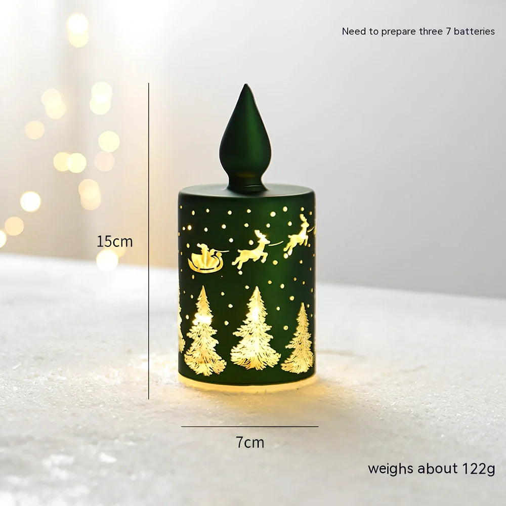 Glass Christmas desktop decoration showing tree, cone, and cup designs in various colours
