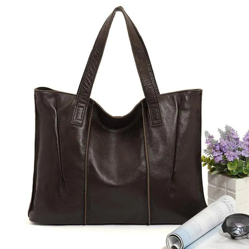 Top grain leather single shoulder tote bag in apricot with stitching and patchwork, soft genuine leather, women's daily wear bag.