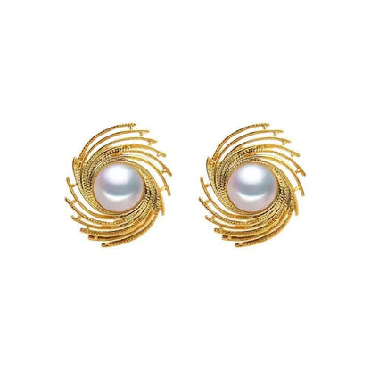 Women's flower-shaped earrings with irregular high-grade pearl accents and electroplated alloy construction
