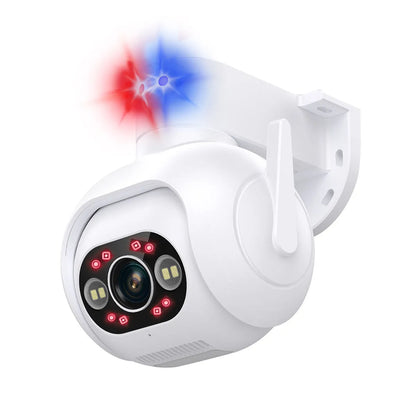 White outdoor security camera with wall mount, featuring smart colour night vision and IP66 waterproof rating.