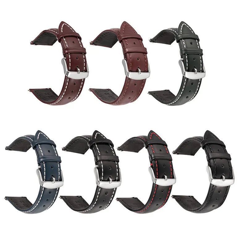 Quick release leather watch strap in bright cowhide, showing colour options and width sizes from 18mm to 22mm