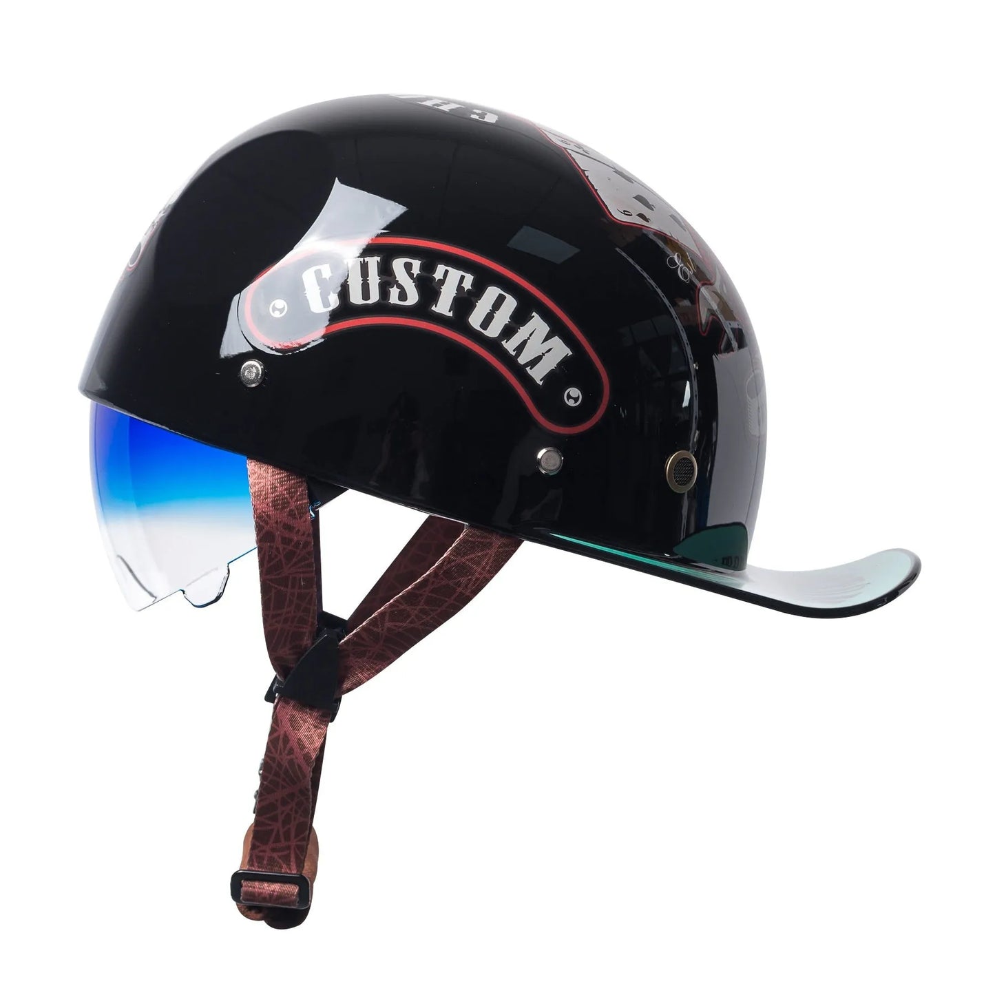 Electric bicycle helmet in bright black gradient blue colour with blue lens, retro half helmet design