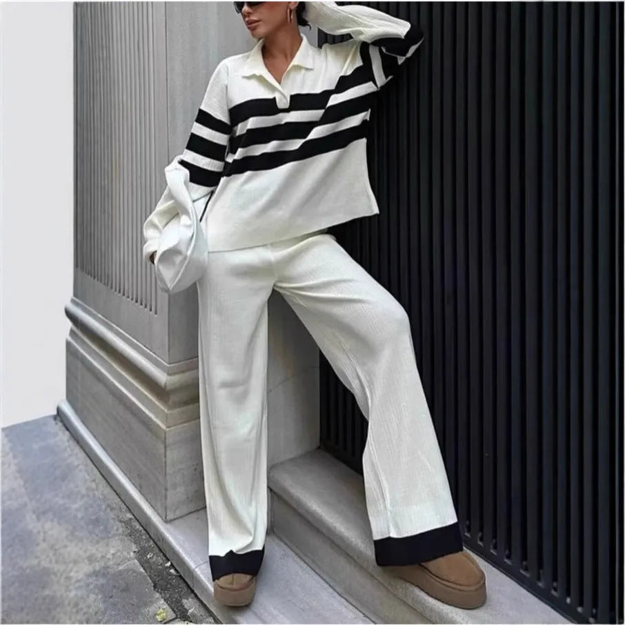 Women's black and white striped knitted two-piece set with polo collar and trousers